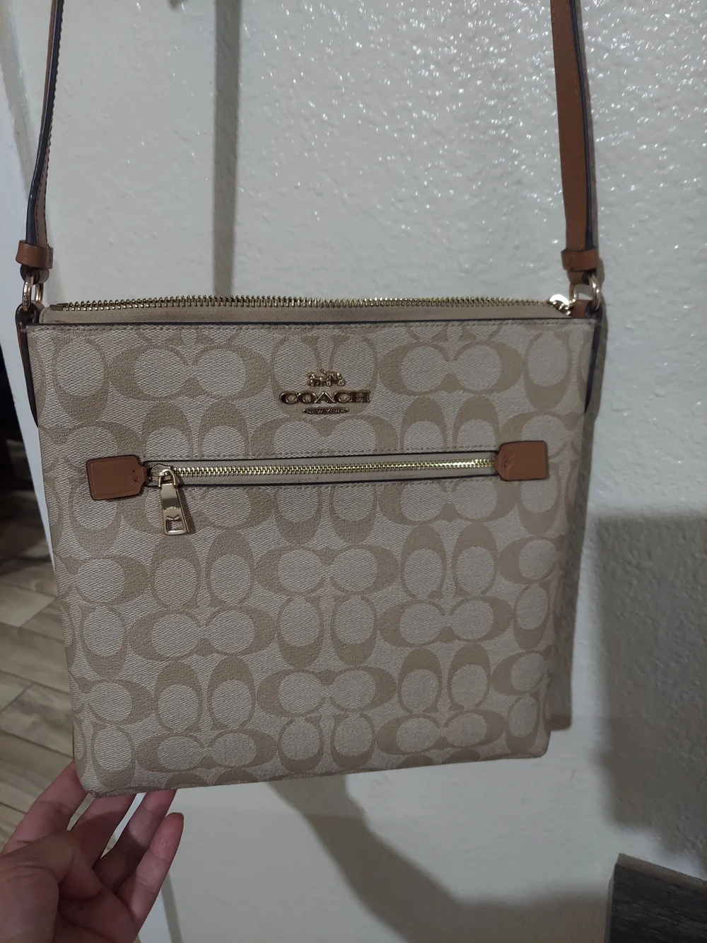 Coach Signature Beige Crossbody with Tan Trim and Gold Hardware
